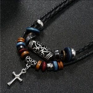 Leather band stainless steel necklace